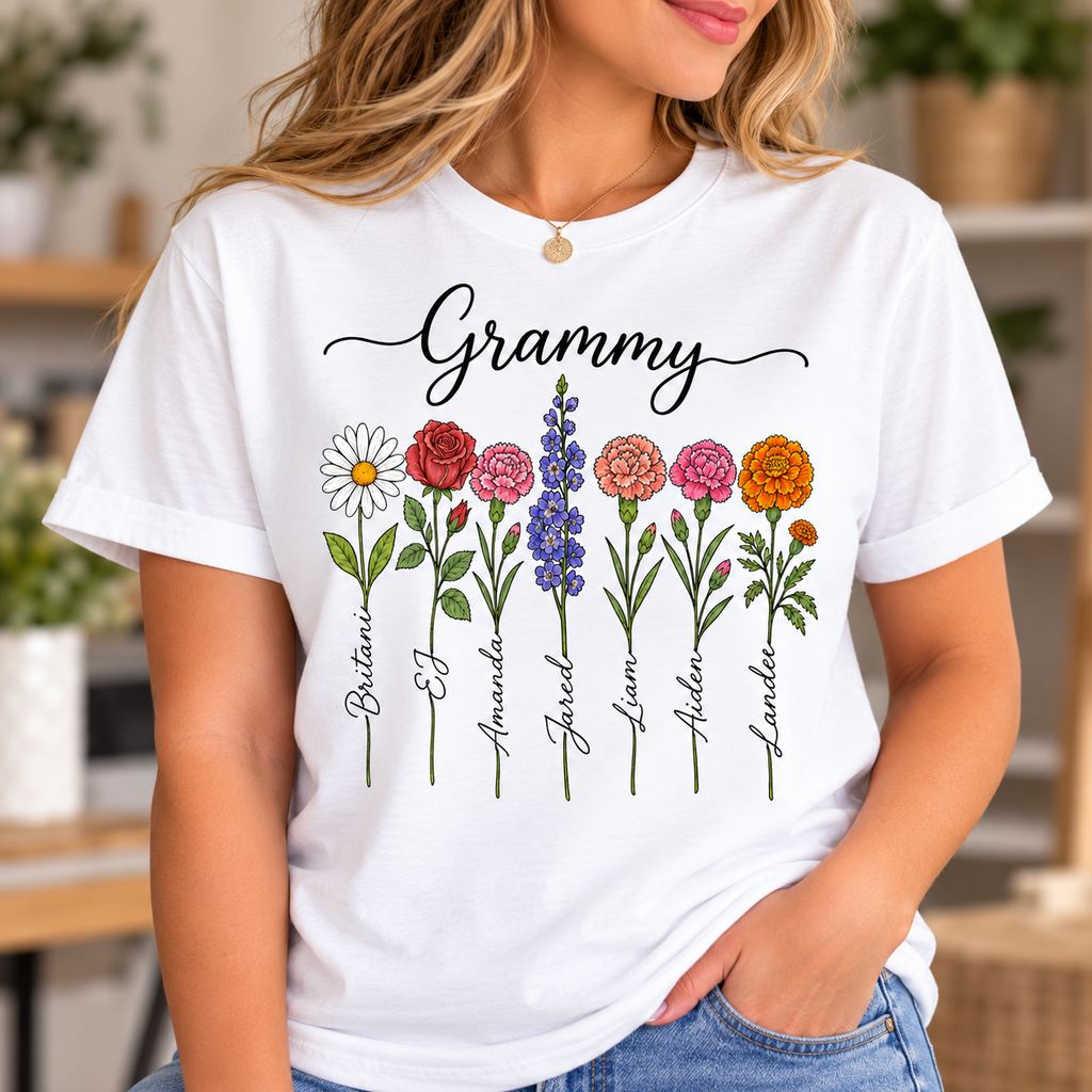 Personalized Grammy Flower T-Shirt | Grandma Gift Shirt with Grandkids’ Names