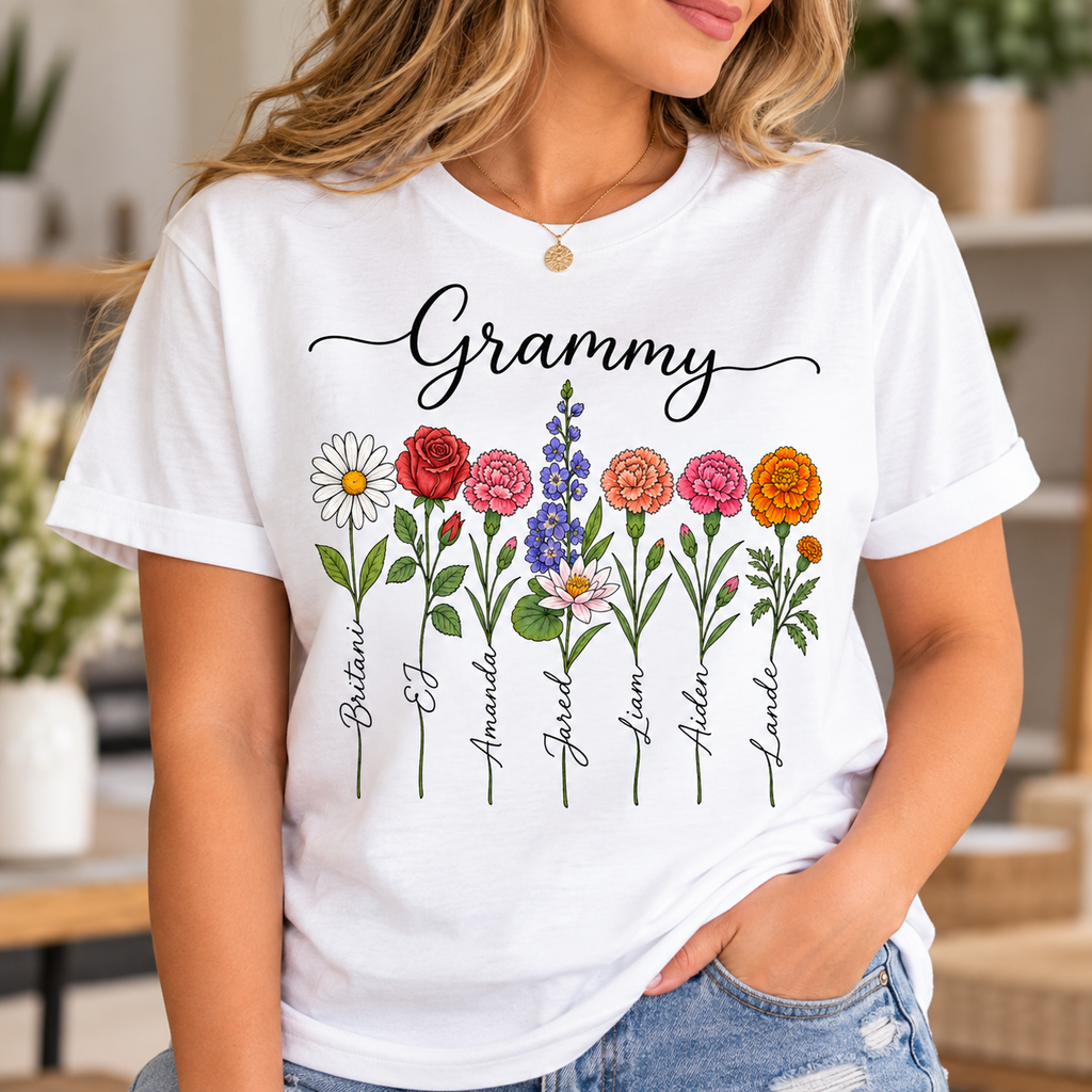 Personalized Grammy Flower T-Shirt | Grandma Gift Shirt with Grandkids’ Names